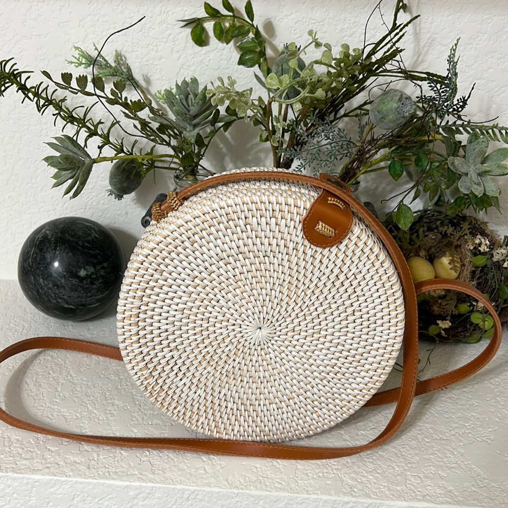 Bring Me To Bali Crossbody White Rattan Woven Bag with Floral Fabric Interior